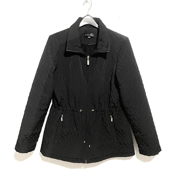 Ellen Tracy Black Quilt Winter Jacket XL Zip Drawstring Waist Plush Lining EUC - Picture 2 of 10